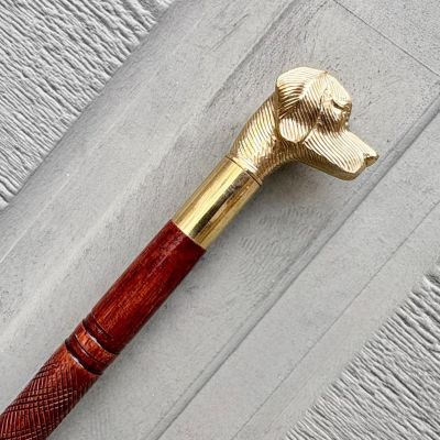 Hand Carved Dog Head Walking Cane: Rosewood & Brass