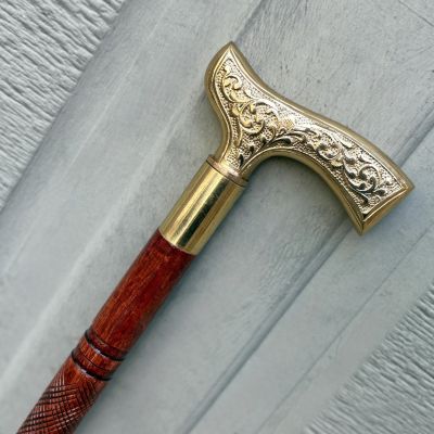 Hand Carved Rosewood Walking Cane: Brass Handle, Lightweight Support