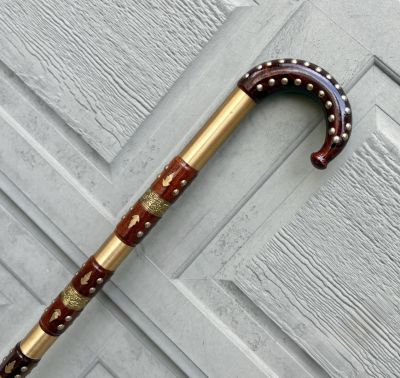 Hand Carved Rosewood Walking Cane: Lightweight Wooden Stick with Brass Accents