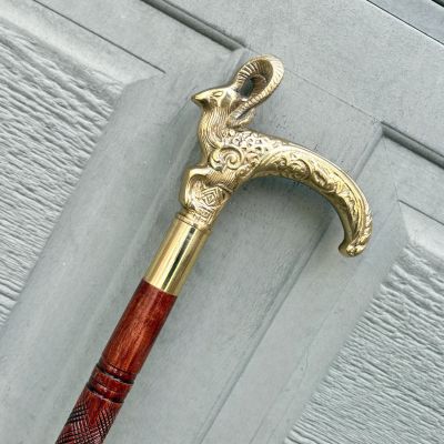 Hand Carved Ram Walking Stick: Rosewood Cane with Brass Handle