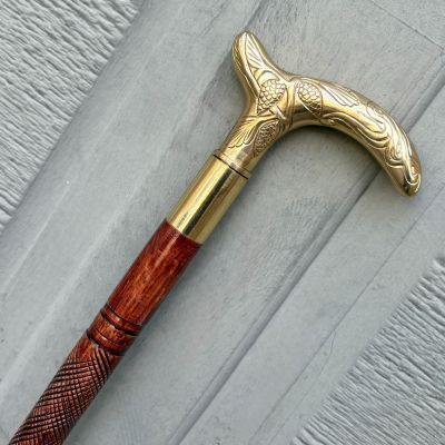 Hand Carved Rosewood Walking Cane: Brass Handle, Lightweight Support