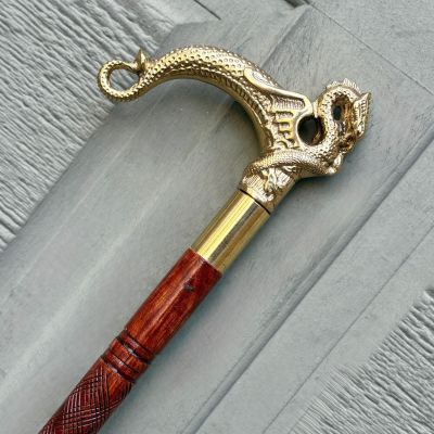 Hand Carved Dragon Walking Cane: Rosewood & Brass Handle