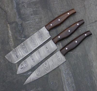 THREE Damascus Steel Custom Handmade Kitchen Chef Knives 12"