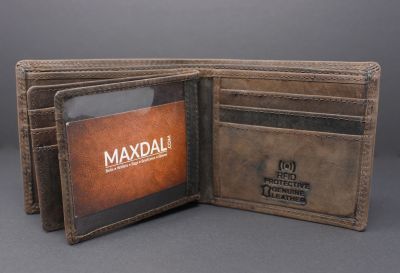 RFID distressed full grain hunter leather bi-fold wallet