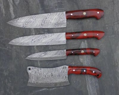 SET OF FOUR DAMASCUS STEEL CUSTOM HANDMADE KITCHEN CHEF KNIVES 10",13",13.5" AND CLEAVER 10"