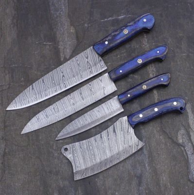 SET OF FOUR DAMASCUS STEEL CUSTOM HANDMADE KITCHEN CHEF KNIVES 10",13",13.5" AND CLEAVER 10"