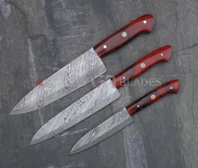 SET OF THREE DAMASCUS STEEL CUSTOM HANDMADE KITCHEN CHEF KNIVES 10",13",13.5"